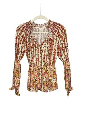 Loretta Caponi Floral Smocked Peasant Blouse Size S